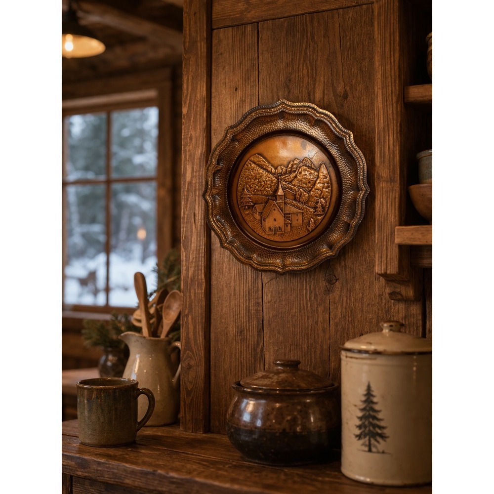 Rustic Copper Wall Plate Brown 11in Alpine Village 3D Hammered Scalloped Edge